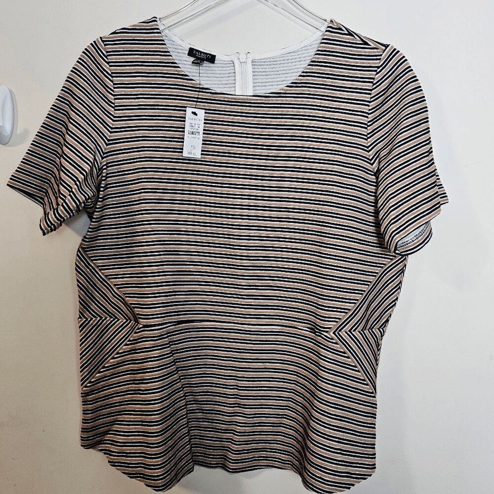 Talbots Stripe Peplum Short Sleeve Top Business Career NWT Women's Black/Brown S